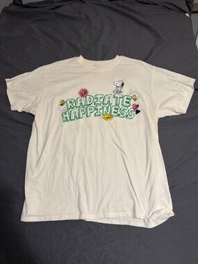 Peanuts Cream Graphic Tee with Pink and Red Floral Accent